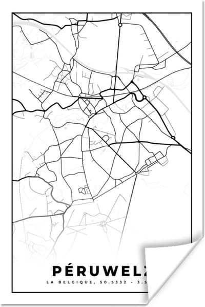 Poster Plattegrond – Péruwelz – Zwart Wit – Stadskaart - Kaart - België - 120x180 cm XXL