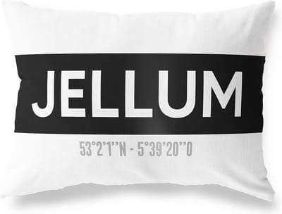 Tuinkussen JELLUM - FRIESLAND met coördinaten - Buitenkussen - Bootkussen - Weerbestendig - Jouw Plaats - Studio216 - Modern - Zwart-Wit - 50x30cm