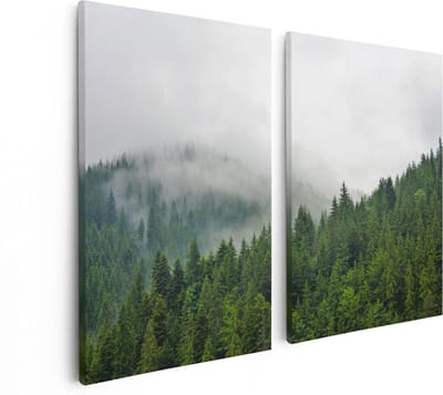 Artaza Canvas Schilderij Tweeluik Groen Bos Met Bomen Tijdens De Mist - 80x60 cm - Wanddecoratie Woonkamer - Schilderijen - Muurdecoratie