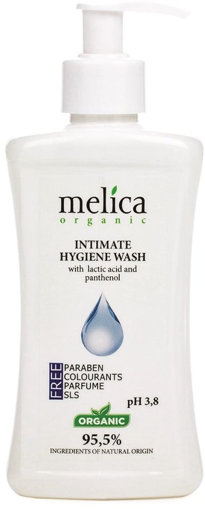 MELICA ORGANIC Biologisch 95,5% Natuurlijke INTIEME HYGIENE ACTIEVE WASEMULSIE met LACTIC ACYD - MELKZUUR en PANTHENOL zonder parabenen, kleur- en geurstoffen, smaakstoffen, alkali, zeep, SLS, SLES met pompje 300ml
