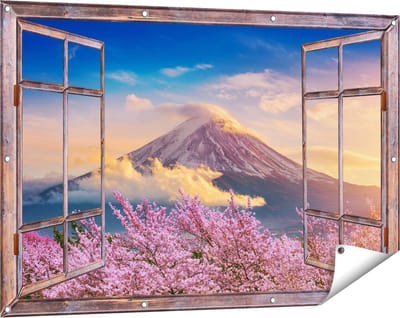 Gards Tuinposter Doorkijk Fuji Berg met Roze Bloesembomen - Bloemen - 120x80 cm - Tuindoek - Tuindecoratie - Wanddecoratie buiten - Tuinschilderij