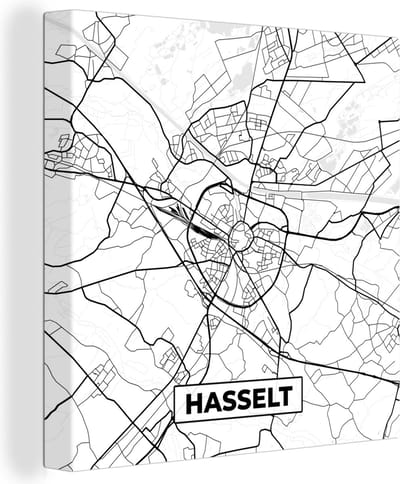 Canvas Schilderij België – Hasselt – Stadskaart – Kaart – Zwart Wit – Plattegrond - 20x20 cm - Wanddecoratie