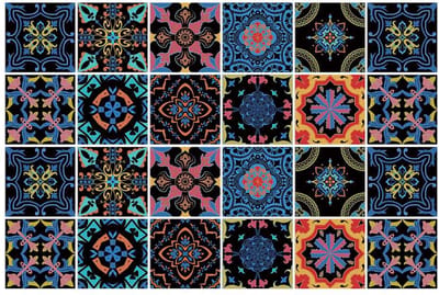 Set 24 Tegelstickers met Vintage Design - 15x15CM - Zelfklevende Tegels voor badkamer, keuken, meubels - Plaktegels Zwart, blauw en roze
