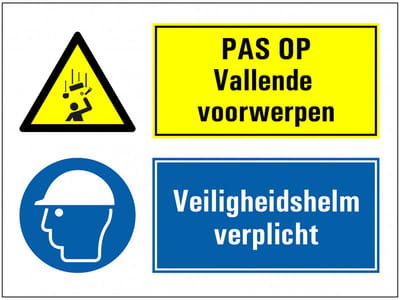 Vallende voorwerpen, veiligheidshelm verplicht sticker 400 x 300 mm