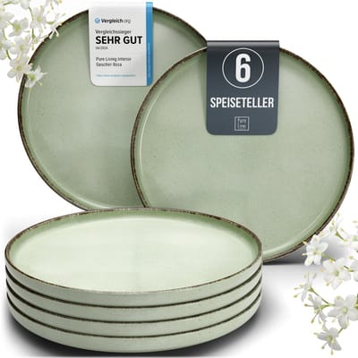 Pure Living Rustic Dinerborden - Mintgroen - Set Van 6 (Ø 26 cm) - Massief Aardewerk - Landelijk Design - Magnetron & Vaatwasserbestendig
