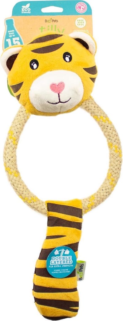 Beco Pets- Pluche Hondenknuffel met Pieper - Tilly de Tijger - Hennep en Katoenen Touw - Medium