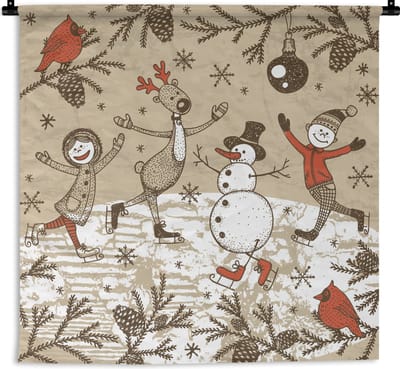 Wandkleed Kerst illustraties - Kerstillustratie schaatsen met een sneeuwpop en rendier Wandkleed katoen 60x60 cm - Wandtapijt met foto