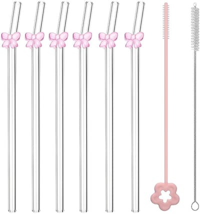 Glasstrohhalme met motief – 6 stuks roze strikjes rietjes + 2 reinigingsborstels, Herbruikbare glazen rietjes voor feest en dagelijks gebruik