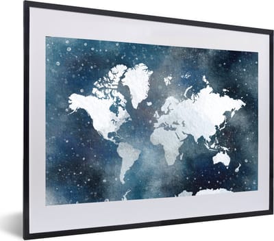 Poster in lijst - Fotolijst 60x40 cm - Posters - Wereldkaart - Sterrenhemel - Waterverf - Posterlijst zwart - Decoratie - Wanddecoratie woonkamer - Muurdecoratie slaapkamer
