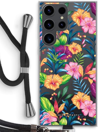 Case Company® - Hoesje met koord geschikt voor Samsung Galaxy S23 Ultra hoesje met Koord - Tropisch 2 - Telefoonhoesje met Zwart Koord - Bescherming aan alle Kanten en Over de Schermrand