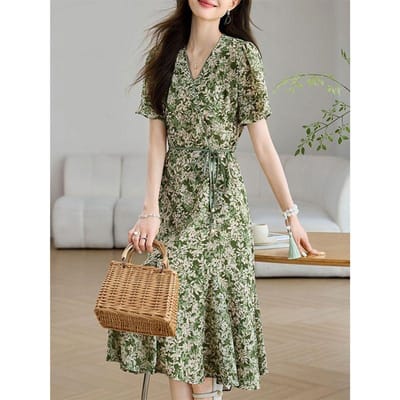 Chiffon Zomerjurk voor Dames Zomer Nieuwe Stijl Taille-omsluitend Slankmakend Bloemen Korte mouwen Rok 2XL gray