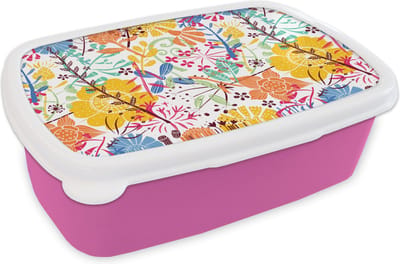 Broodtrommel Roze - Lunchbox - Brooddoos - Bloemen - Planten - Regenboog - Patronen - 18x12x6 cm - Kinderen - Meisje