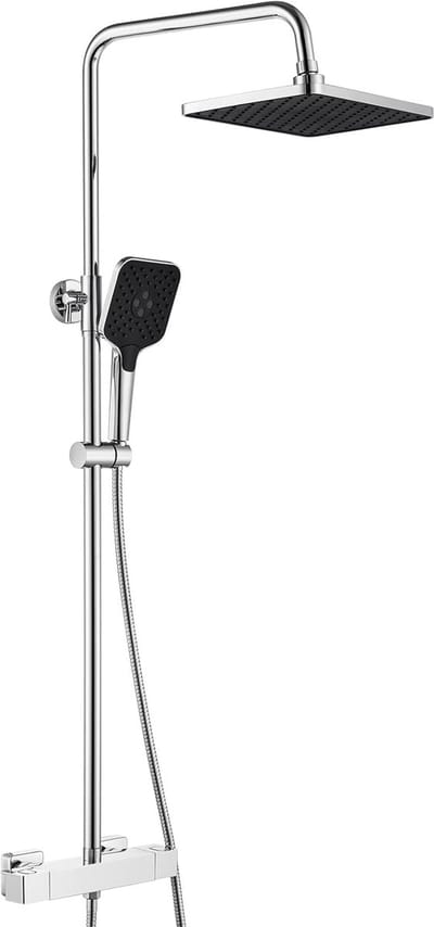 Douche-armatuur, complete set, roestvrijstalen douchesysteem met thermostaatkraan, 30 x 19 cm regendouche, 3 straalsoorten, douchekop en in hoogte verstelbare douchestang