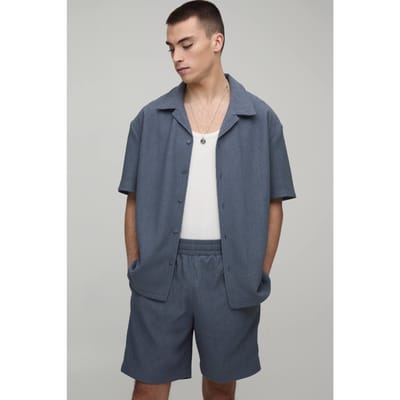 Oversized Shirt En Ontspannen Plissé Set Met Middellange Short | Slate | Size Small