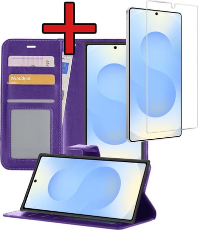 Hoesje - Met Screenprotector - Geschikt voor Samsung Galaxy S25 Ultra - Luxe Pasjeshouder - Flipcase - Bookcase Portemonee - Flip Case - Kunstleer Book Case - Book Cover - Walletcase - Portemonneehoes - Telefoonhoes - Paars