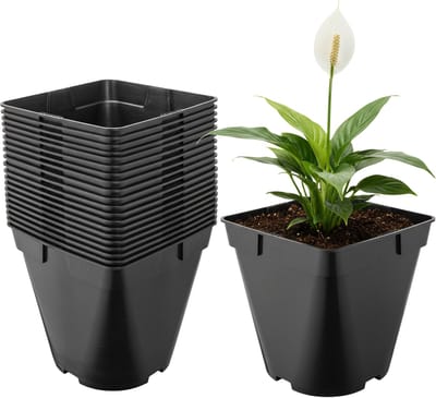 Garronda Set van 20 afgeronde vierkante kunststof kweekpotten met drainagegaten voor tuin (Zwart, 18 x 18 x 18 cm (4L)) GD-KW-SR
