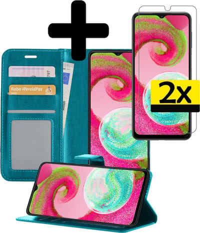 Hoesje - Met 2x Screenprotector - Geschikt voor Samsung Galaxy A04s - Luxe Pasjeshouder - Bookcase Portemonee - Flip Case - Kunstleer Book Case - Flipcase Hoes - Book Cover - Walletcase - Portemonneehoes - Telefoonhoesjes - Turquoise