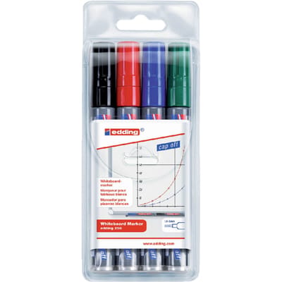 edding 250 whiteboardmarker set - zwart, rood, blauw, groen - 4 whiteboardstiften - ronde punt 1,5 - 3 mm - boardmarker uitwisbaar - voor whiteboard, flipchart, prikbord, memobord - navulbaar