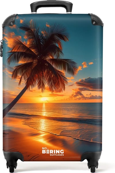 NoBoringSuitcases.com® - Handbagage koffer lichtgewicht - Reiskoffer trolley - Palmboom bij zonsondergang - Rolkoffer met wieltjes - Past binnen 55x40x20 en 55x35x25