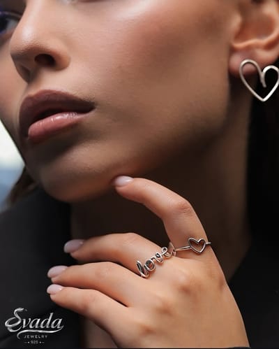 925 Sterling Zilver EVADA Jewelry Sieradenset - Hart Oorstekers, Love Ring & Hart Ring - Verstelbaar - Dames