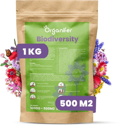 Wildbloemenmengsel - 62 Soorten (1kg, 500m2) - Wilde Bloemenzaad Mengsel Meerjaars - Wilde Bloemen - Wilde Bloemen Zaad - Inheemse Bloemenzaden - Veldbloemen Zaad - Bevordert Biodiversiteit - Trekt Vlinders & Bijen - Organifer