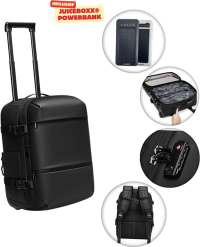 CarryQuest® - Vacuüm Rugzak Trolley Underseat - Incl. JuiceBoxx® Solar Powerbank - Handbagage 40x30x20 - Rugzaktrolley met Wielen - Ingebouwde Pomp - Laptopvak 14 inch - USB-C - TSA-slot - Zwart