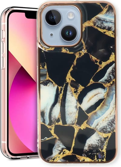 Casemania Hoesje Geschikt voor Apple iPhone 14 - Zwart - Siliconen Marmer Back Cover
