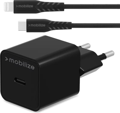 Mobilize Single USB-C Oplader Apple Lightning 1 Meter Power Delivery 20W - Zwart