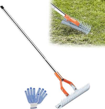 Krachtige 15 Inch Grasmaaier Hark met Handschoenen, 162cm Veelzijdige Hark voor Verdord Gras, Tuinonderhoud en Grondreiniging