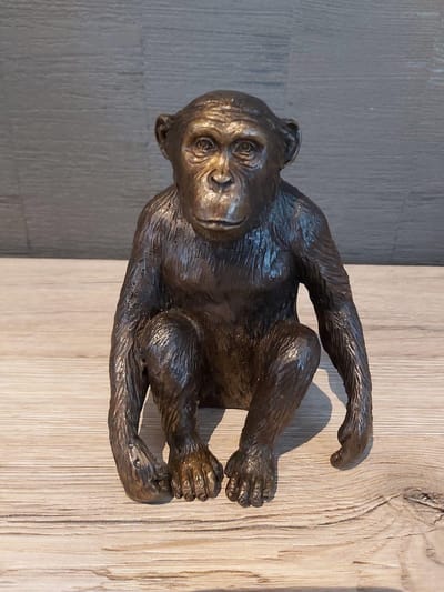 Luxe Bronzen Beeldje Chimpansee - 15 cm Hoog - Handgemaakt Massief Brons - Modern & Tijdloos Kunstbeeld Aap - Exclusief Woonaccessoire & Luxe Cadeau Interieur