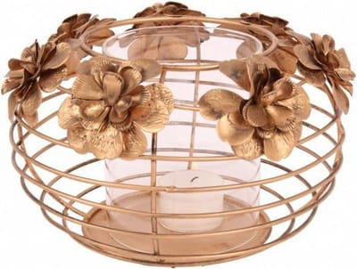 Windlicht bloemen Ø 19 cm goud ijzer | 10927404 | Dutch Style
