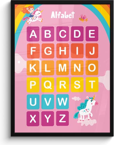 Poster in lijst - Fotolijst 60x80 cm - Posters - Alfabet - Educatief - Letters leren voor kinderen - Roze - Eenhoorn - Posterlijst zwart - Kamer decoratie - Wanddecoratie kinderkamer - Muurdecoratie babykamer