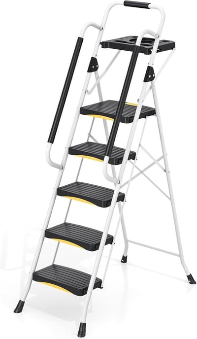 SnelShoppen - 5-traps ladder met gereedschapsbak, opvouwbare stalen opstapkruk met veiligheidsslot en leuning, antislip pedalen, 150 kg draagkracht vo