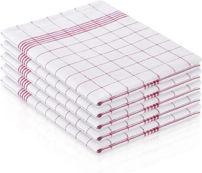 Set van 5 theedoeken 45 x 65 cm - 100% katoen - zeer absorberend - zacht en herbruikbaar - elegant ruitdesign - rood en wit