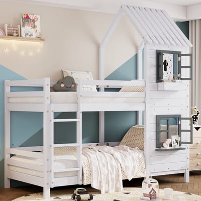 MIVRAY Stapelbed 90x200 Cm - Kinderbed In Huisvorm Met Ramen En Opbergvak - Met Valbeveiliging En Trap Met Leuning - Zonder Matras - Hout - Wit Grijs