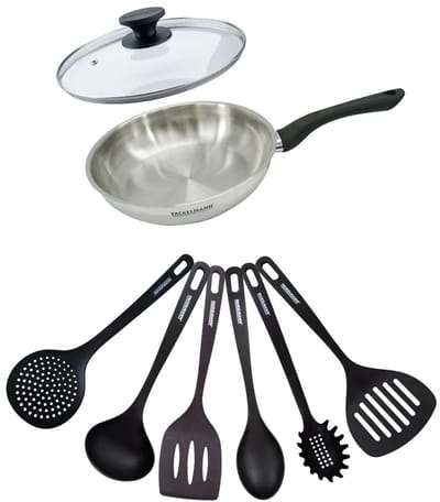 Set pan 24 cm roestvrij staal, glazen deksel en 6 Fackelmann Geneva keukengerei