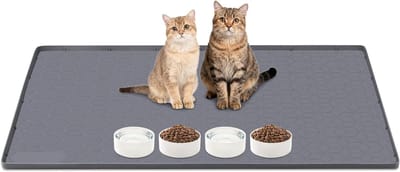 Dikke kattenvoer mat, vaatwasmachinebestendig, eenvoudig schoon te maken, met verhoogde rand - antislip, waterdicht en geurloos, diervriendelijk ontwerp (grijs ruitpatroon)