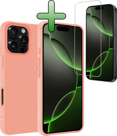 Hoesje Met Screenprotector - Geschikt voor Apple iPhone 16 Pro - Sterk & Shockproof - Back Cover - Siliconen Case - Telefoon Hoes - Perzik