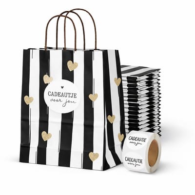 25 x papieren draagtassen Van Kraftpapier hartjes 18x8x22cm Met Handvat en witte stickers cadeautje voor jou 4cm/ Kraft Papieren Tasjes / Cadeautasjes met gedraaid handgrepen / Zakjes/