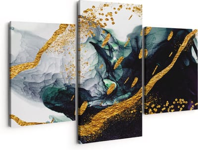 Artaza Canvas Schilderij Drieluik Abstracte Kunst - Zwart Wit met Gouden Strepen - 150x120 - Groot - Foto Op Canvas - Canvas Print