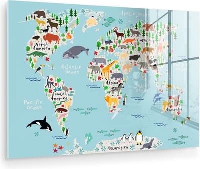 ® Glasschilderij 180x120 cm - Schilderij acrylglas - Wereldkaart - Kinderen - Dieren - Blauw - Orka - Walvis - Foto op glas - Muurdecoratie woonkamer - Wanddecoratie slaapkamer - Schilderijen
