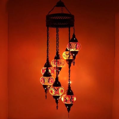 Turkse Hanglamp - Mozaïek Kroonluchter - 7 Bollen - Rood en Handgemaakt - Authentiek Design