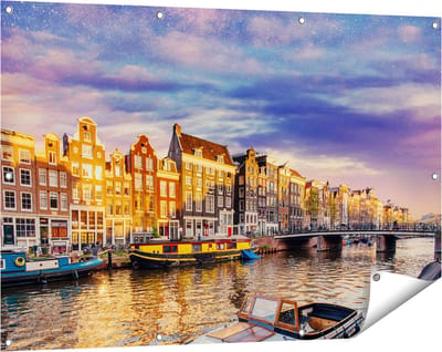 Gards Tuinposter Amsterdamse Gracht in de Nacht met Sterren - 120x80 cm - Tuindoek - Tuindecoratie - Wanddecoratie buiten - Tuinschilderij