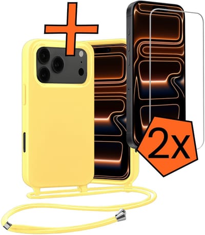 Hoesje Geschikt voor iPhone 17 Pro / 18 Pro Hoes Met Telefoonketting Met 2x Screenprotector - Backcover Geschikt voor iPhone 17 Pro / 18 Pro Case Met Koord - Geel