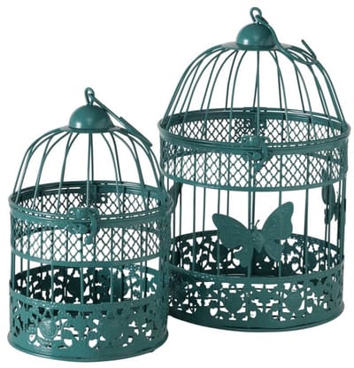 Set van 2 decoratieve vogelkooitjes in groen metaal