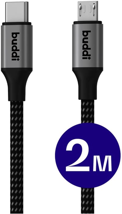 Buddi Flex | USB-C naar Micro-USB Kabel 12W 5V/2.4A | 480Mbps Dataoverdracht | Gevlochten Nylon | 2M | Zwart