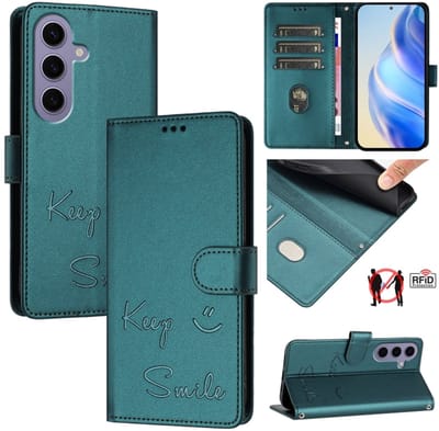 Voor Samsung Galaxy S24 5G Smile Embossing RFID leren telefoonhoesje (Pauwgroen)