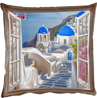 Sierkussens - Kussentjes Woonkamer - 50x50 cm - Doorkijk - Santorini - Landschap - Blauw - Grieks