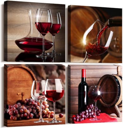 Set van 4 Wanddecoratie Kanvas: Stilleven Wijn, Glas en Fruit voor Keuken of Eetkamer