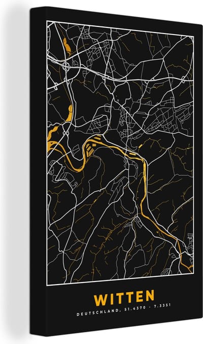 Canvas Schilderij Witten - Goud - Stadskaart - Plattegrond - Kaart - Duitsland - 20x30 cm - Wanddecoratie